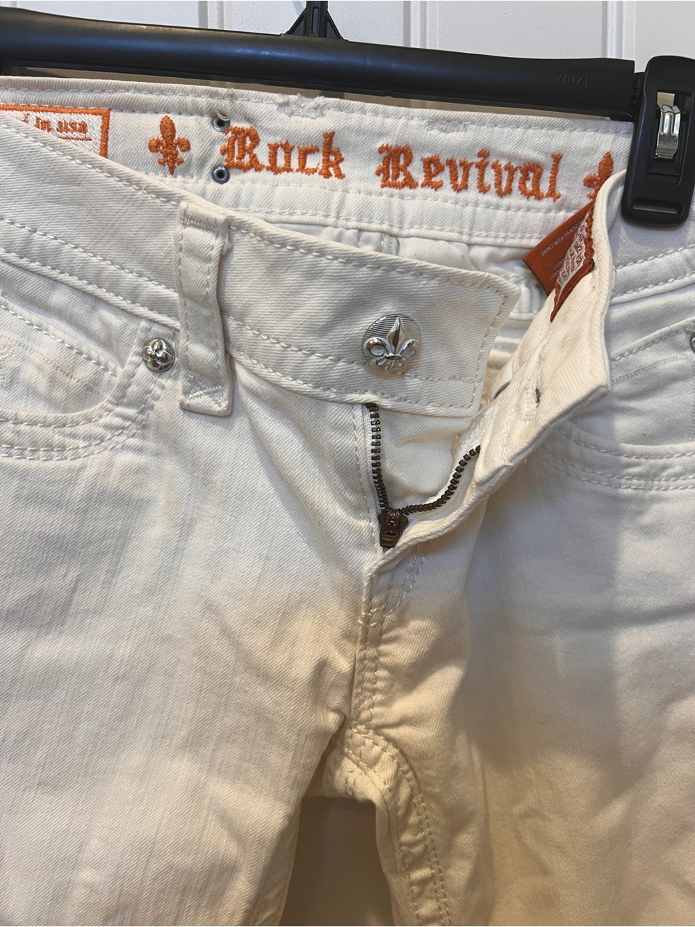 Rock Revival Women’s Cream Straight Leg Jeans with Orange Stitching